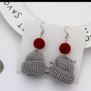 ~•New•~  Grey Hand Knit Winter Hat Earrings
